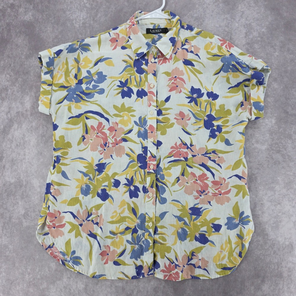 Lauren Ralph Lauren Women's 100% Linen Floral Button Down Shirt White Size L